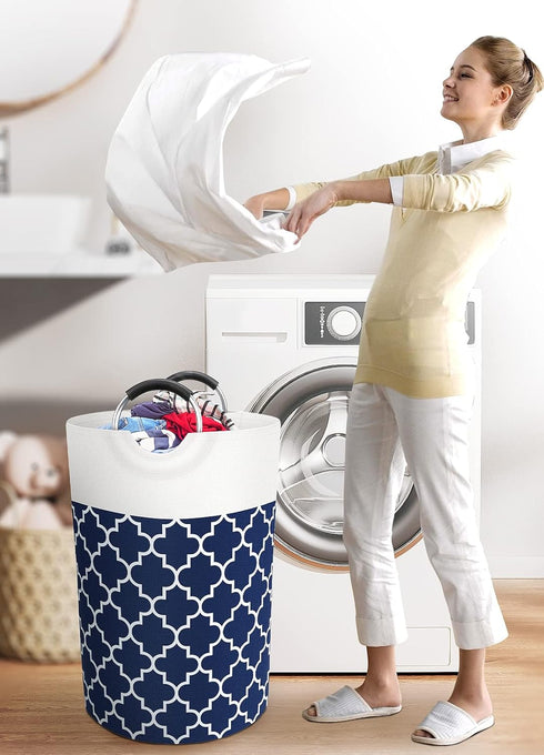 Large Laundry Basket, Collapsible Tall Hamper Bag with Handles, Waterproof Storage for College Dorm, Family (Blue) 75L