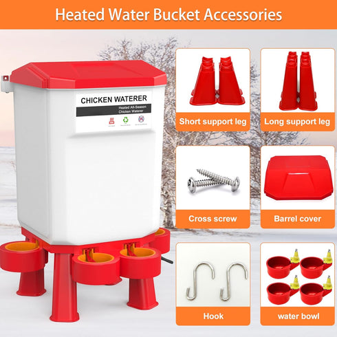 2 Summer Hanging Heated Chicken Waterer, Gallon Plastic Chicken Water Heater Heated Poultry Drinker, Detachable Legs