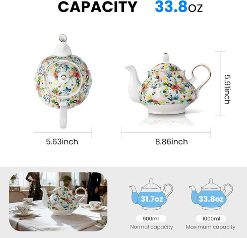 33.8 oz Porcelain Tea Pot Luxury Gold Trim Floral Ceramic Teapot Waterpot Tea Maker for Blooming Loose Leaf Tea Coffee