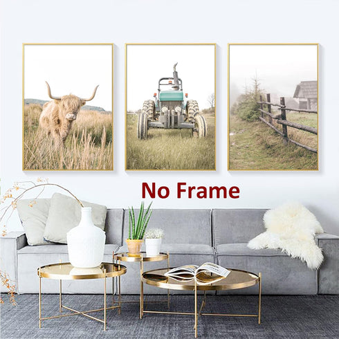Farmhouse Scenery Pictures, Rustic Cow Wall Art, Vintage Farm Landscape Painting for Living Room