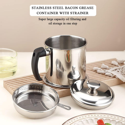 48 oz 1. Kyraton Bacon Grease Container With Strainer, Stainless Steel Oil Container, Pot Fat Storage With Lid, Easy