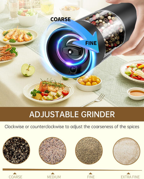 CIRCLE JOY Electric Salt and Pepper Grinder Set, Automatic with Charging Base, LED Light, Adjustable Coarseness, Black