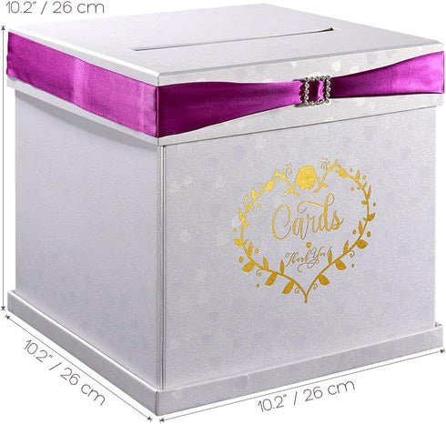 Wedding Card Box with 2 Color Ribbons, 10"x10" Textured White Box with Golden Embossed Hearts Design