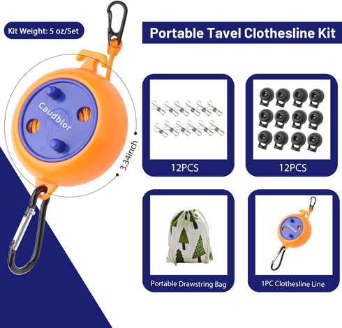 Portable Travel Clothesline Cord - Caudblor Adjustable 33ft Laundry Drying Rope with 12Pcs Stoppers