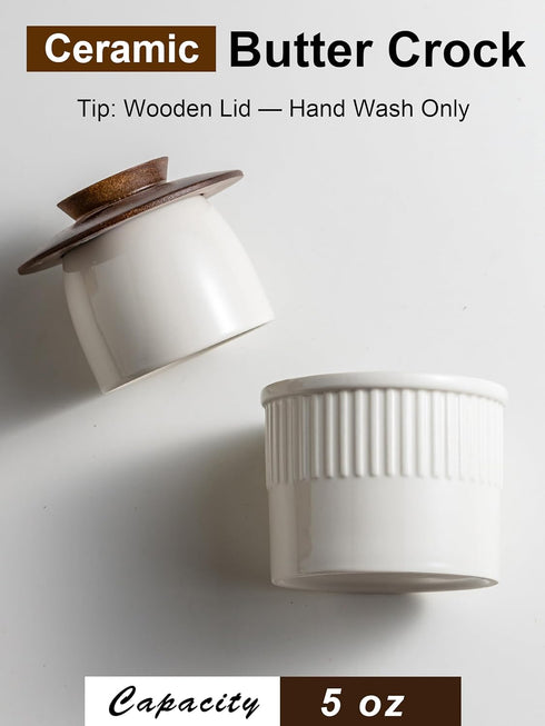 Countertop, Ceramic Butter Crock, Butter Dish with Lid for French Butter Keeper, Classic Stripe Pattern, White