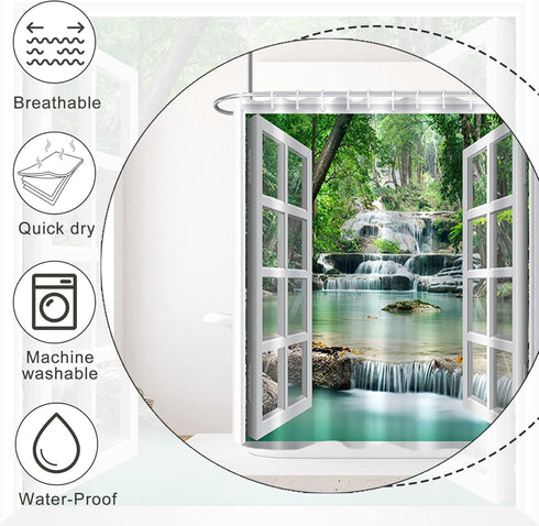 Nature Landscape Shower Curtain, Summer Forest River Waterfall Decorative for Bathroom, Waterproof Fabric 48x72 Inches