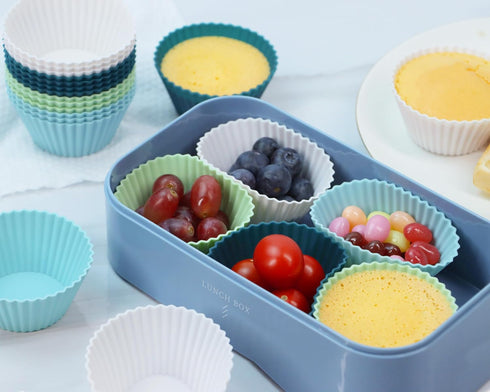 Silicone Baking Muffin Cups 12 Pack, Reusable Cupcake Liners, BPA Free, Dishwasher Safe (White, Green, Navy, Dusty Blue)