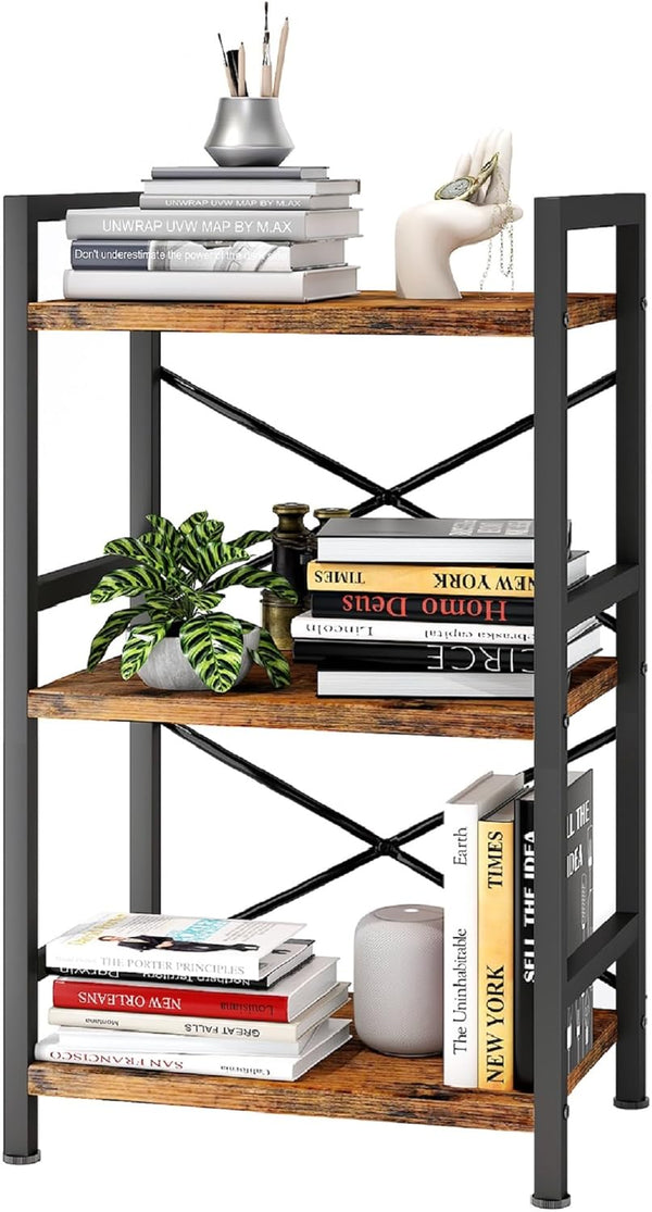 Homeiju Bookshelf, 3 Tier Industrial Bookcase, Metal Small Bookcase for Living Room and Home Office