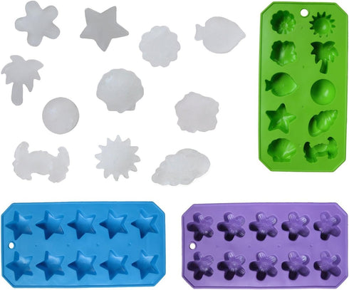Chef Craft Flexible Shaped Ice Cube Trays Set of 3 - Sun, Star, Flower, Tree, Sealife, Fun Party Combo, Silver