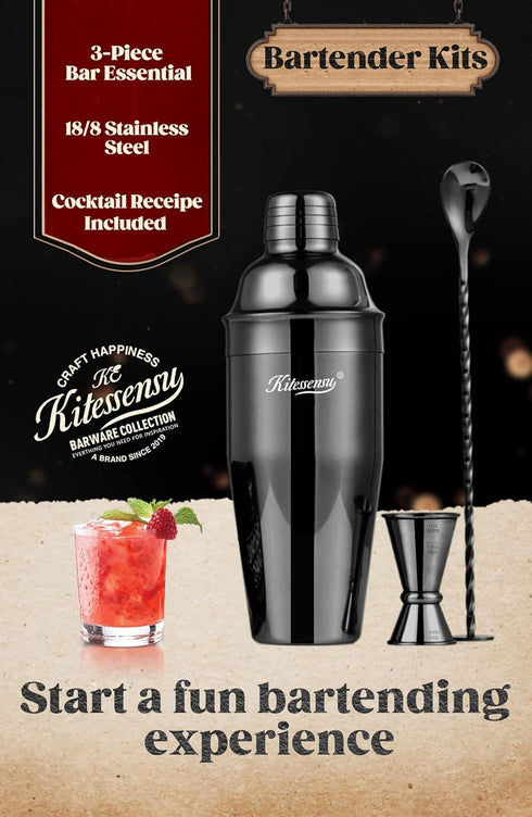 KITESSENSU Cocktail Shaker Set, Stainless Steel Martini Shaker with 24 Ounce Mixer, Jigger, Bar Spoon & Recipe Guide,