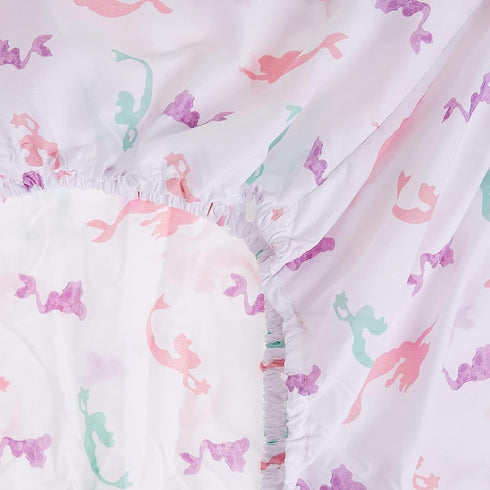 3-Piece Multicolored Mermaid Sheet Set for Kids & Girls, 1 Twin Flat Sheet, 1 Twin Fitted Sheet & 1 Queen Pillowcase