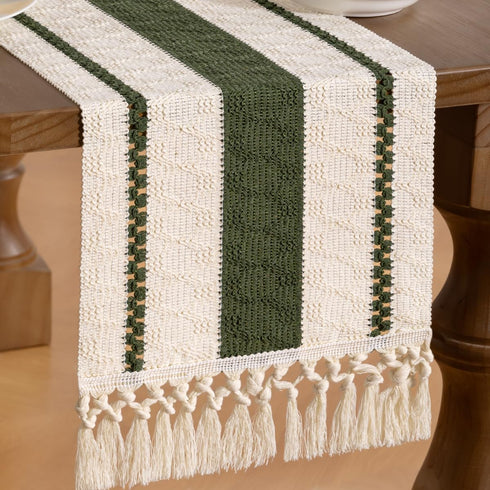 MLMW 40 inches Boho Table Runner Olive Green&Ivory Small Coffee Table Runner Rustic Macrame Woven Table Runners Short