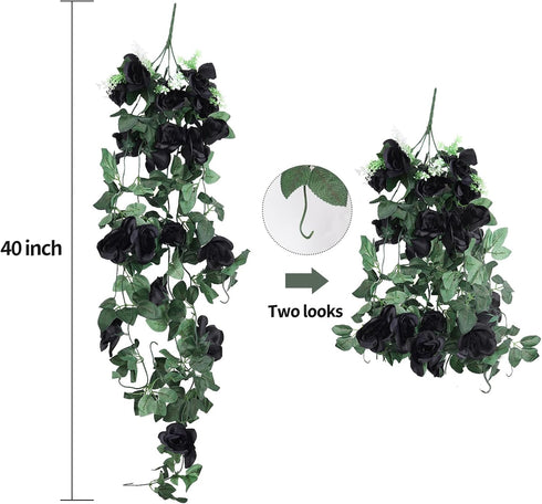 RECUTMS 4 Pieces Artificial Hanging Rose Flower 3.3Ft with 30 LED Fairy String Lights for Indoor Outdoor Wedding (Black)