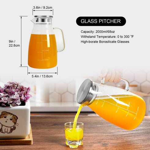68oz Aofmee Glass Pitcher with Lid, Water Pitcher with Handle and Precise Scale Line, Stainless Steel Iced Tea Carafe