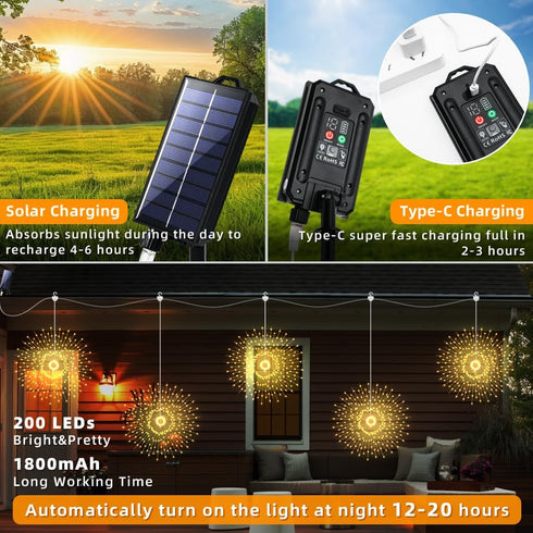 Galavasen Outdoor,5Pack 1000LED 8 Solar Firework Lights Modes Solar Hanging Firework Fairy String Lights Remote