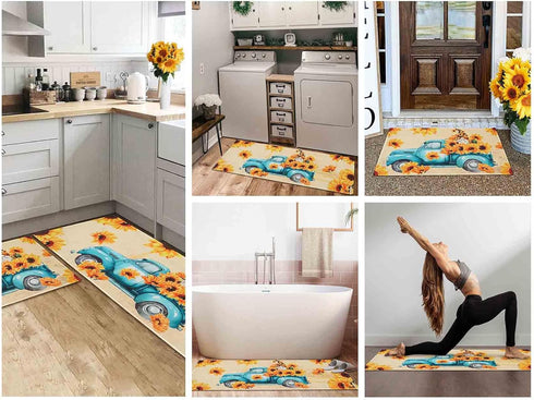 Sunflower Kitchen Rugs Decor Set of 2, Retro Style Non-Slip Kitchen Mat with Rubber Backing
