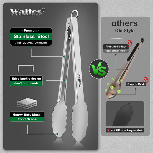 Walfos All Metal Kitchen Tongs: Heavy Duty 600? Heat Resistant Stainless Steel Tongs Set of 3 (7, 9, 12 Inch)