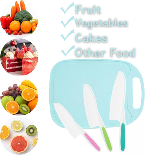 Kids Knife Set for Real Cooking, 4 Pieces Toddler Knife Set with Cutting Board, Firm Grip