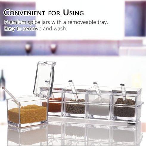 V·RESOURCING Clear Seasoning Box, 5 Pieces Clear Storage Container for Spice, Salt, Sugar, Condiment Jars with Spoons