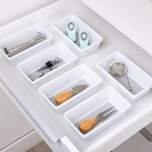 Smart Design Plastic Drawer Organizer Set of 3 - 6.75 x 3.75 Inch, Non-Slip Lining and Feet, BPA Free, White with Gray