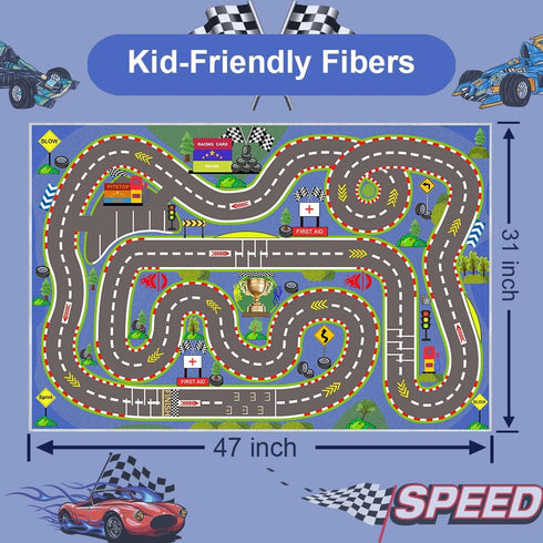4731 3D Kids Rug, Race Track Playmat Rugs in Kids Carpet with Rubber Backing, Start and Finish line Racing Track