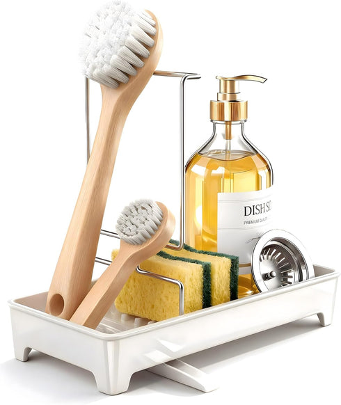 Caumic 304 Countertop Plastic Sink Caddy, Rustproof Sponge Holder for Kitchen Sink with Stainless-Steel Brush Holder