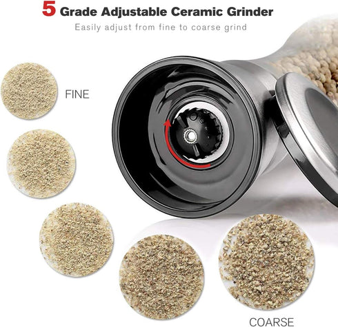 Premium Salt and Pepper Grinder Set with Stand - Stainless Steel Manual Spice Adjustable Coarseness (Pack of 2)