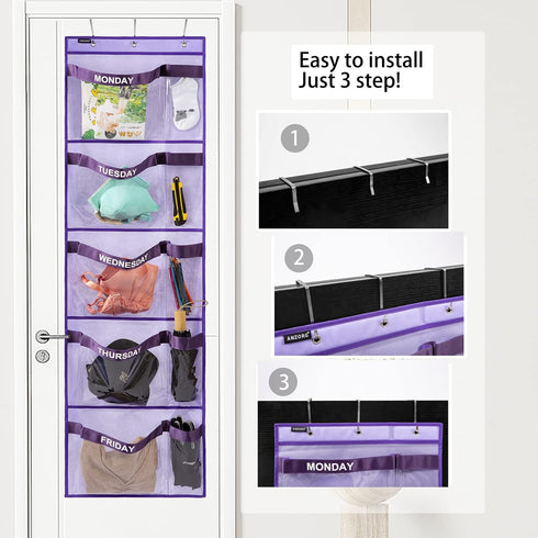 Kids Clothes Organizer for School, Weekly Hanging Storage from Monday to Friday, Day of Week Closet Organizer (PURPLE)