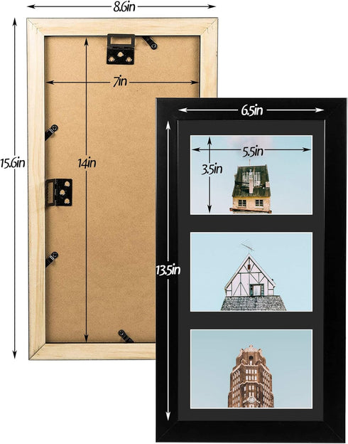 Golden State Art 7x14 Black Wood Frame for Three 4x6 Pictures with 3-Opening Black Mat Color, Portrait or Landscape