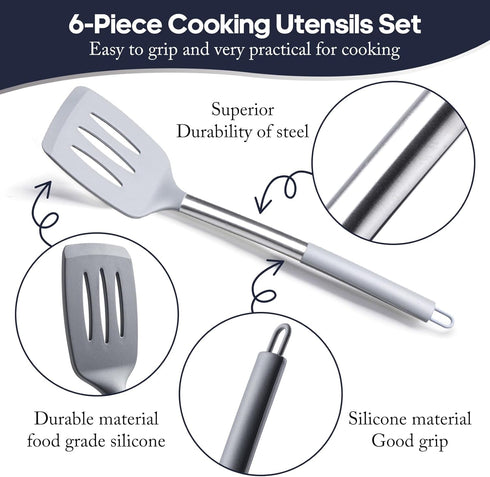 Silicone Kitchen Utensils Set, 6-Pieces Grey Cooking Utensils for Nonstick Cookware, Silicone Spatulas with Stainless