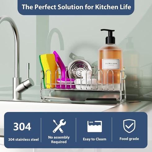 KABUM 304 4 304 (8.27x2.95x3.43) Stainless Steel Sponge Holder for Kitchen Sink, Compact Sink Caddy with Non-Slip