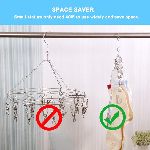 Clothes Hanger with 10 Clips, Stainless Steel Laundry Drying Rack 6 Pack, Windproof Clip and Drip Hanger for Socks,