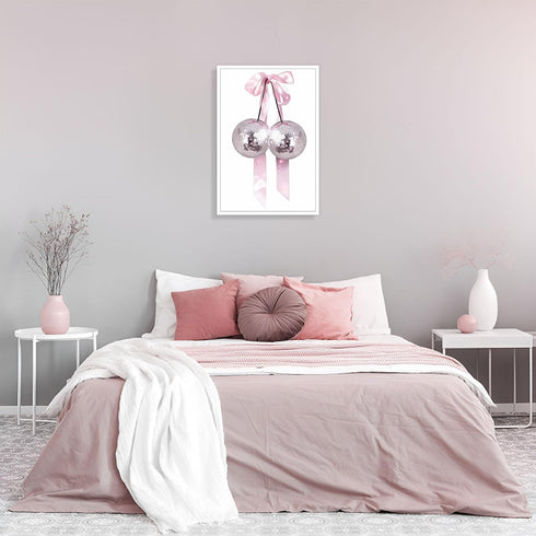 Generic 12x18in Trendy Pink Bow Disco Ball Posters White Cherry Canvas Wall Art Funky Coquette Bow Ribbon Preppy