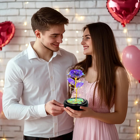 Childom Light Up Rose in Glass Dome, Colorful Purple Flowers for Women, Mom, Grandma, Christmas, Anniversary Gifts