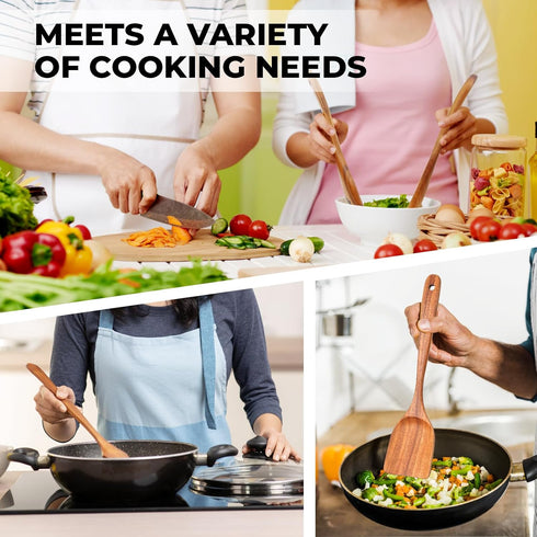 Wooden Cooking Utensils Set - Natural Teak Kitchen Utensil Set with Spoon Rest & Holder, 9 Piece