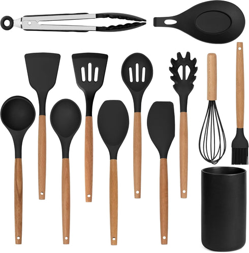 Kitchen Utensil Set, 13 pcs Non-Stick Silicone Cooking Utensils Spatula Set with Ceramic Holder, Black Holder