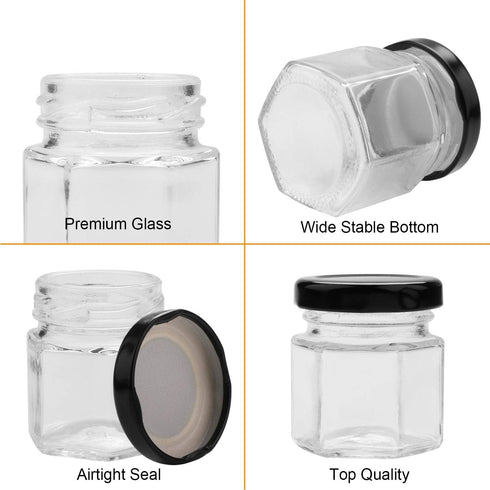 Encheng 1.5 oz Clear Hexagon Jars with Lids (Black), Small Glass Jars for Herbs, Foods, Jams, 30 Pack