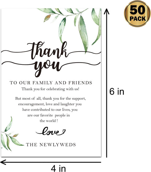 Giftideaworkshop 50 Wedding Reception Thank You Cards, Greenery Table Place Setting Cards, 4x6 inch