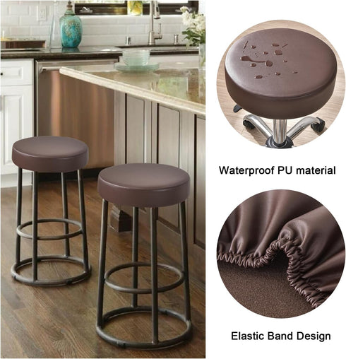 Set 2, 16-18 Inch FUANGUI Bar Stool Covers Round of Waterproof PU Bar Stool Seat Covers with Elastic Bands,Bar Stool