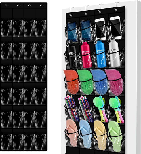 24 Pockets Hanging Shoe Organizer, Large Clear Pockets Over the Door for Closet Storage (Black)