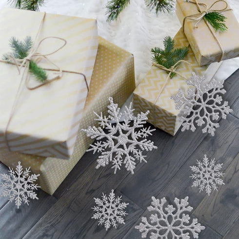 36 Pack Silver Snowflake Ornaments, Plastic Glitter Snow Flakes for Winter Christmas Tree Decorations, Size Varies