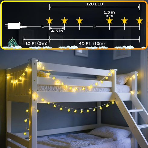 120 LED 40FT Star String Lights, Indoor Outdoor Christmas Twinkle Light with Timer & Memory
