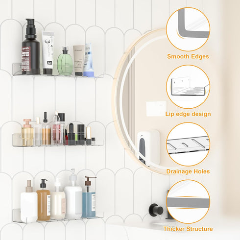4 Pack LAZYROSY Floating Shelves Clear Acrylic/PET Wall-Mounted No Drill Storage with Adhesive, Invisible Bathroom