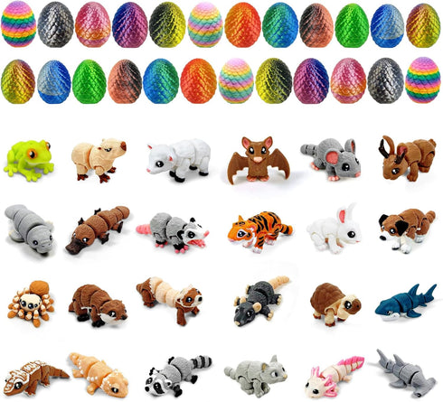 24 3D 1.5-2 Inch Pcs Mini Printed Animals in Sparkle Eggs - Articulated Animal Figurines with Multicolor Gradient
