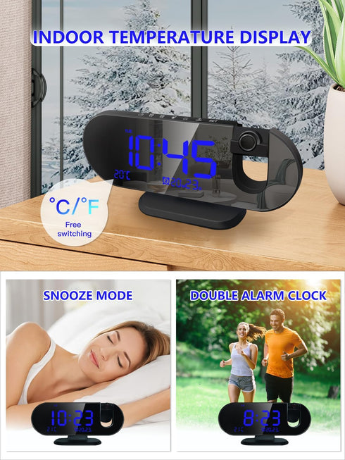 Projection Alarm Clock 2024 with 180° Rotatable Projector for Bedroom Ceiling, Clear LED Display and USB Charger