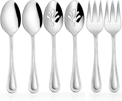 Serving Set, HaWare 6 Pieces Stainless Steel Silverware Utensils, Pearled Edge Hostess Set for Buffet Party, Mirror