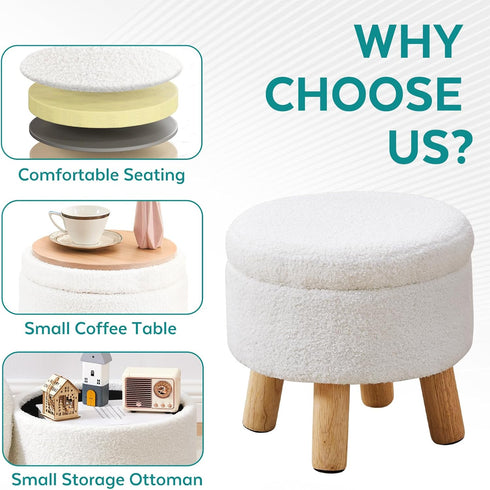 Small Ottoman with Storage, Small Storage Ottoman Round, Sherpa Foot Stool with Legs, Ottomans and Footstools