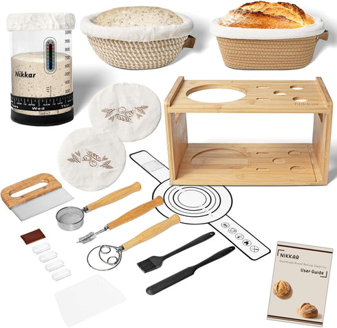 Nikkar Complete Sourdough Starter Kit with Bamboo Storage Rack Bread Baskets, 12