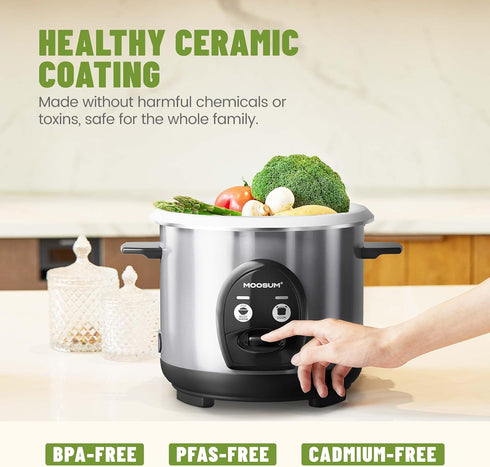 3-Cup 1-3 Uncooked Rice Cooker Small - Ceramic Coating Non-Toxic Inner Pot, One-Touch Multifunction