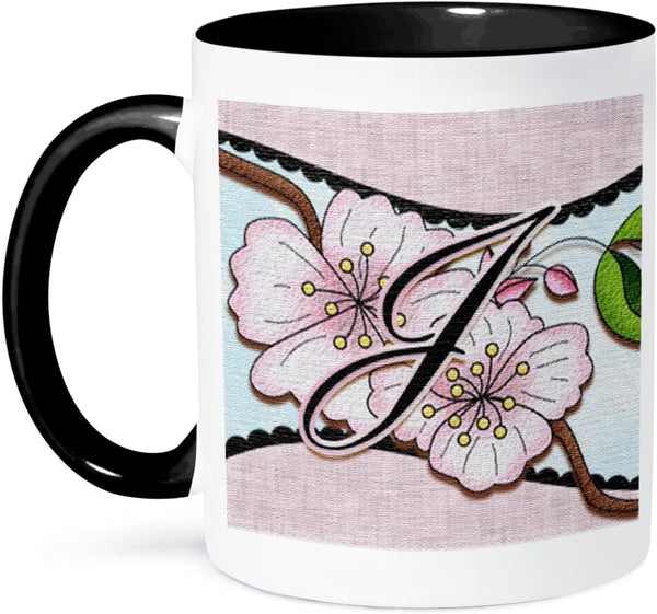 3dRose Cherry Blossom Flower Monogram Initial J Mug, Two Tone, 11 oz, Black/White